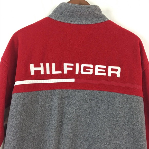 VTG Tommy Hilfiger Jacket Mens XXL Red Gray Fleece Full Zip Embroidered Logo YTK - Picture 4 of 13